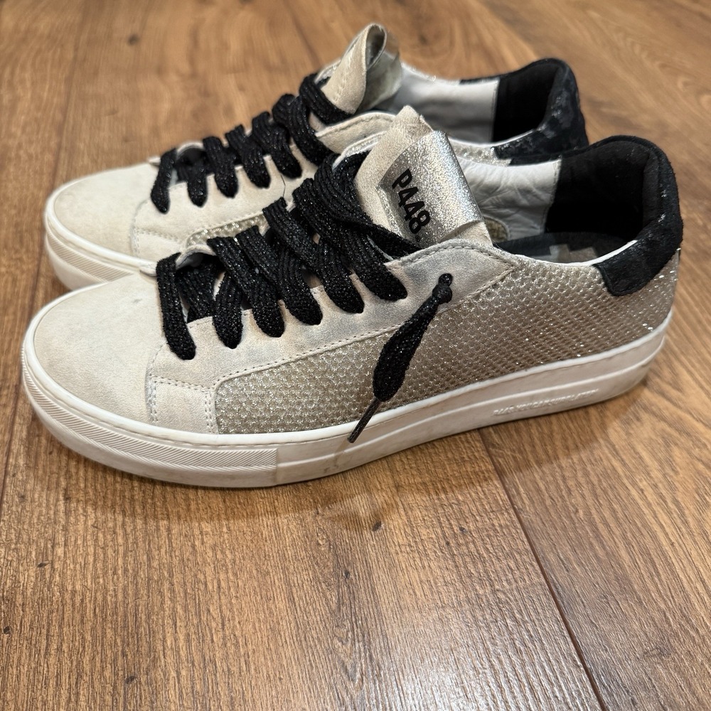 P448 Thea White Leather Mesh Sneakers Sparkles Women's EU Size 39 US Size 8.5 - Picture 4 of 8